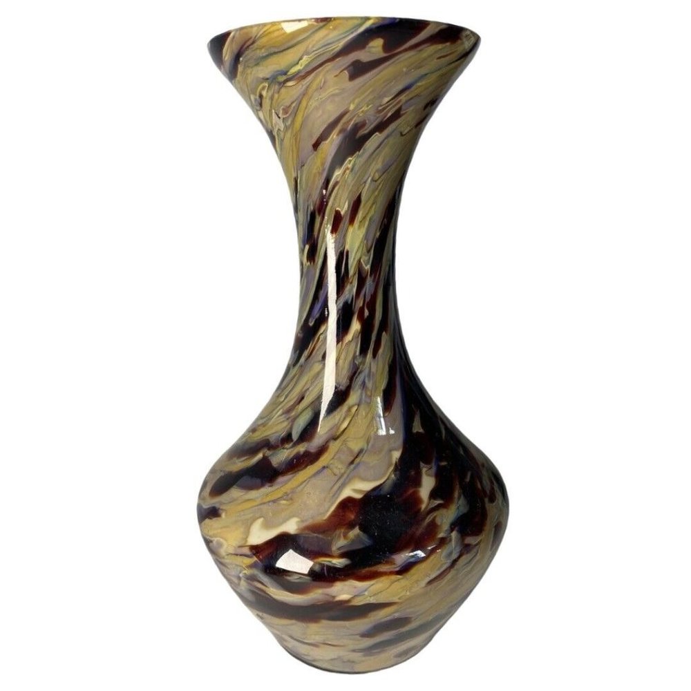 Czechoslovakia Glass Vase Bown Splatter Swirl Effect Vintage 8” Art Glass Vase